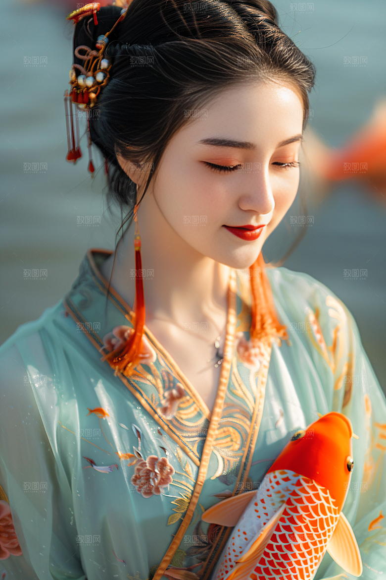 锦鲤汉服美女古风人像素材