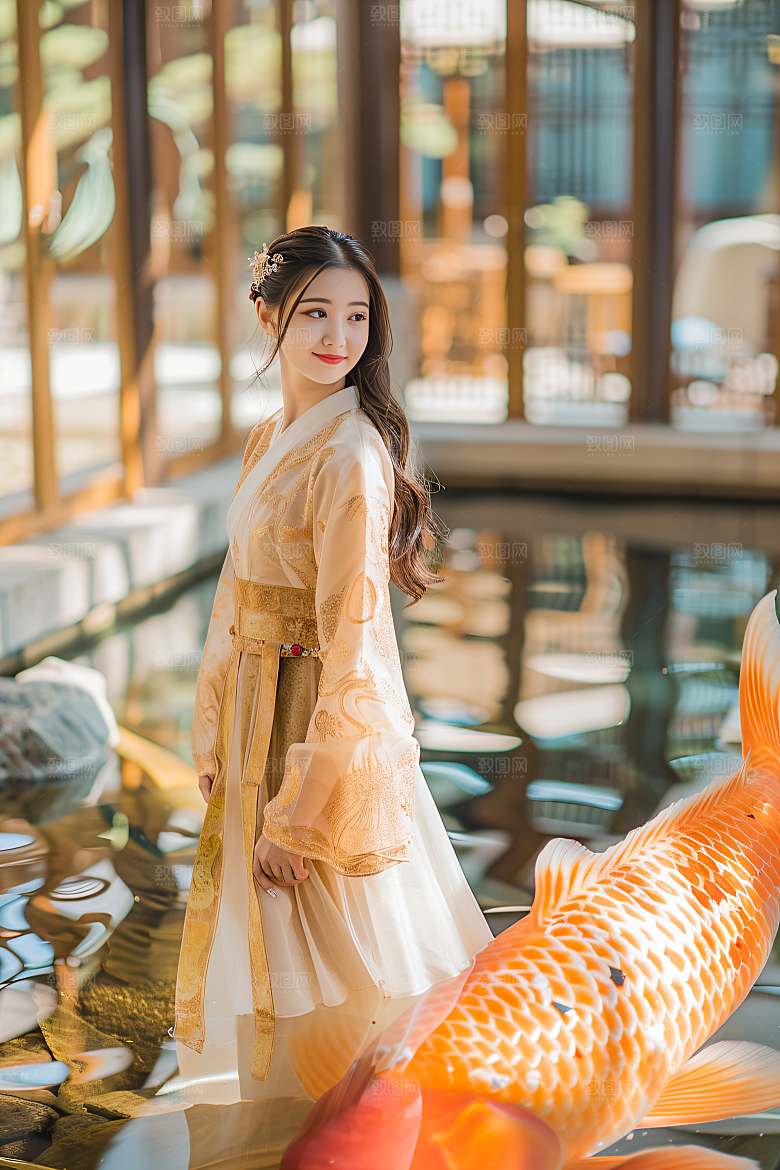 锦鲤汉服美女金鱼传统素材