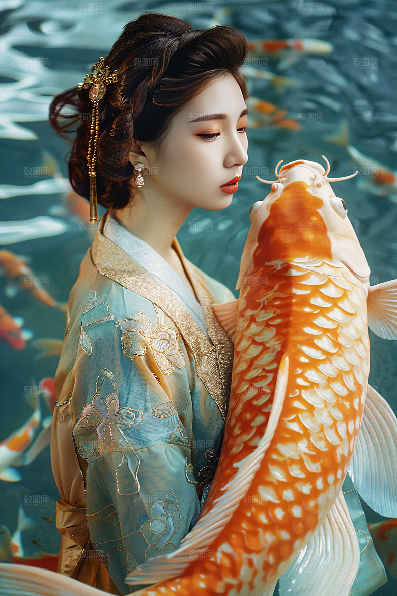 锦鲤汉服美女人像金鱼素材