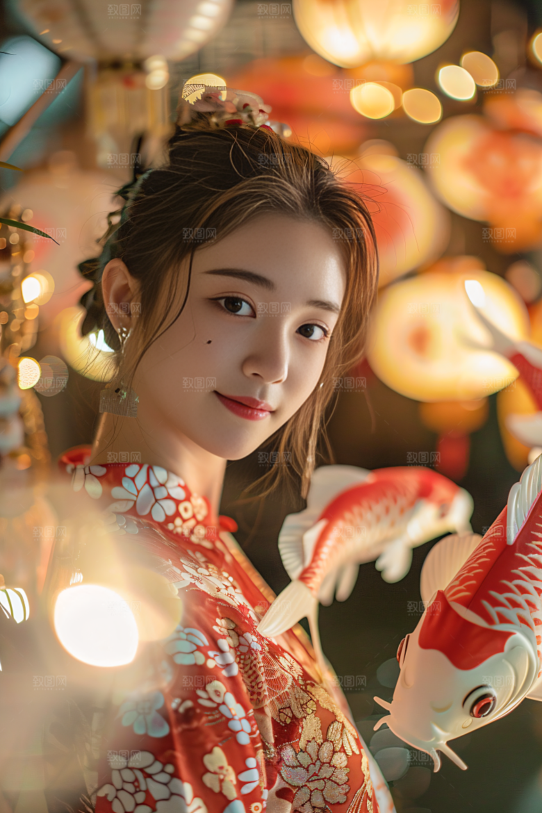 锦鲤汉服美女古风金鱼素材