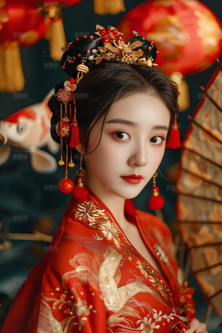 锦鲤汉服美女人像古风素材