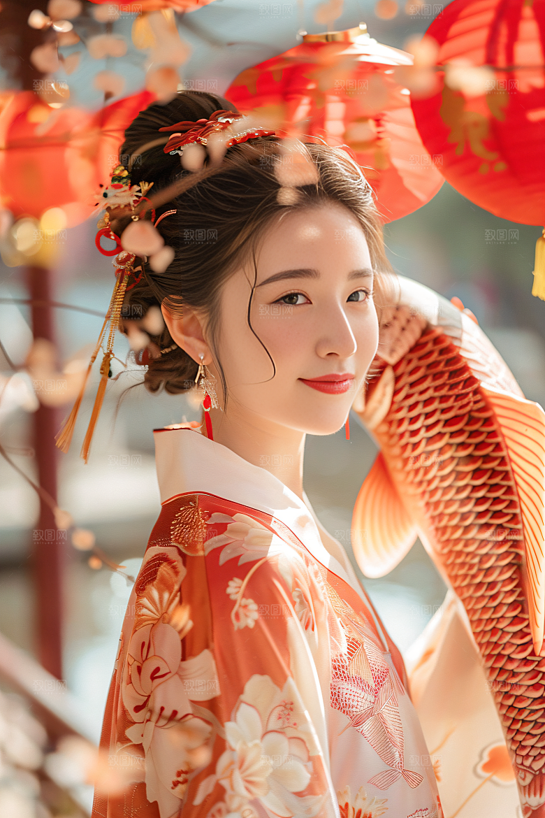 锦鲤汉服美女人像中国风素材