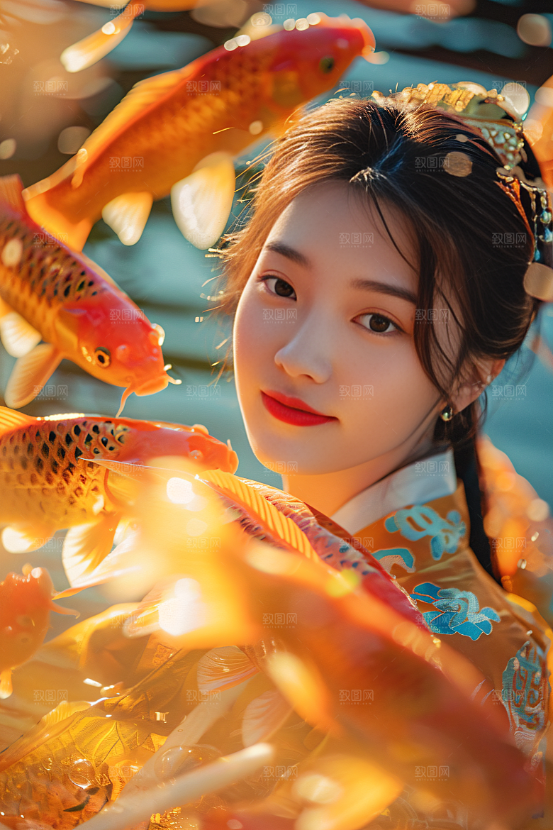 锦鲤汉服美女精致古风素材