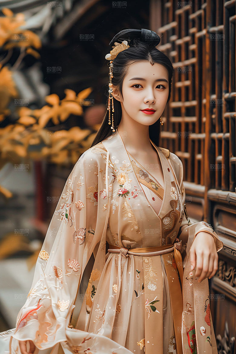 锦鲤汉服美女传统优雅素材