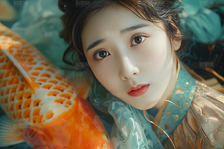 锦鲤汉服美女唯美高清素材