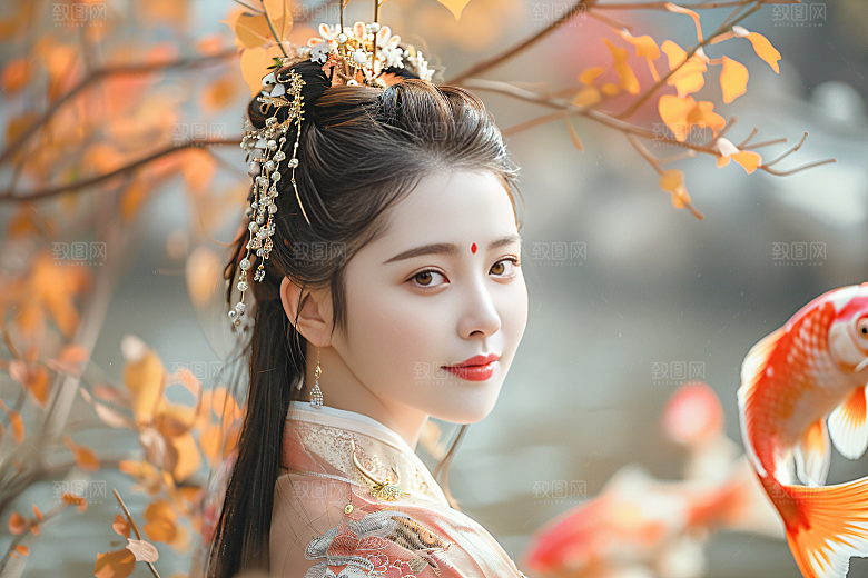 锦鲤汉服美女传统中国风素材