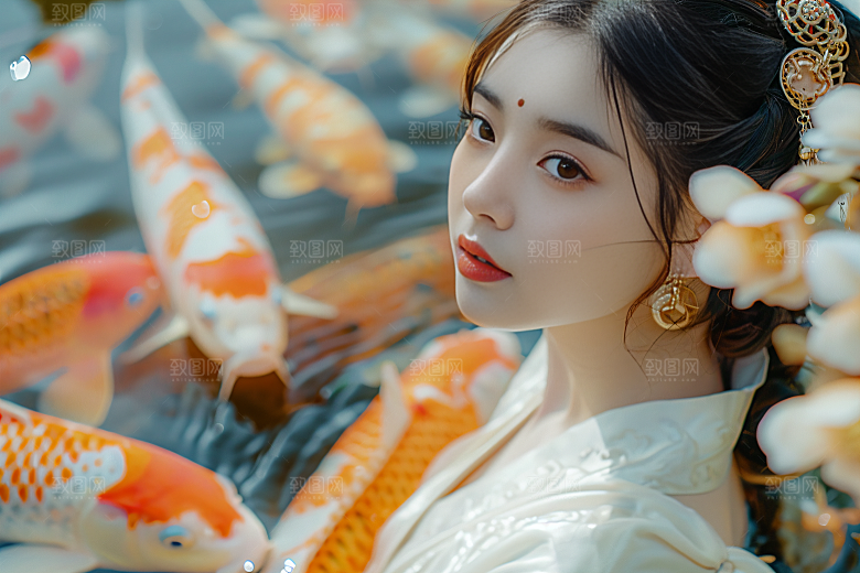 锦鲤汉服美女肖像古风素材