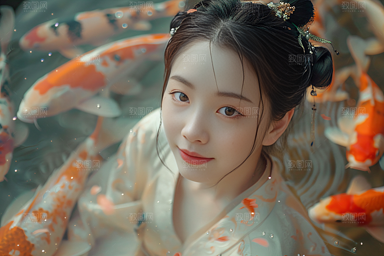 锦鲤汉服美女唯美传统素材