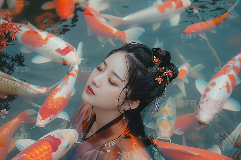 锦鲤汉服美女精致吉祥素材