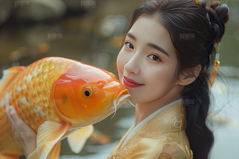 锦鲤汉服美女金鱼古风素材