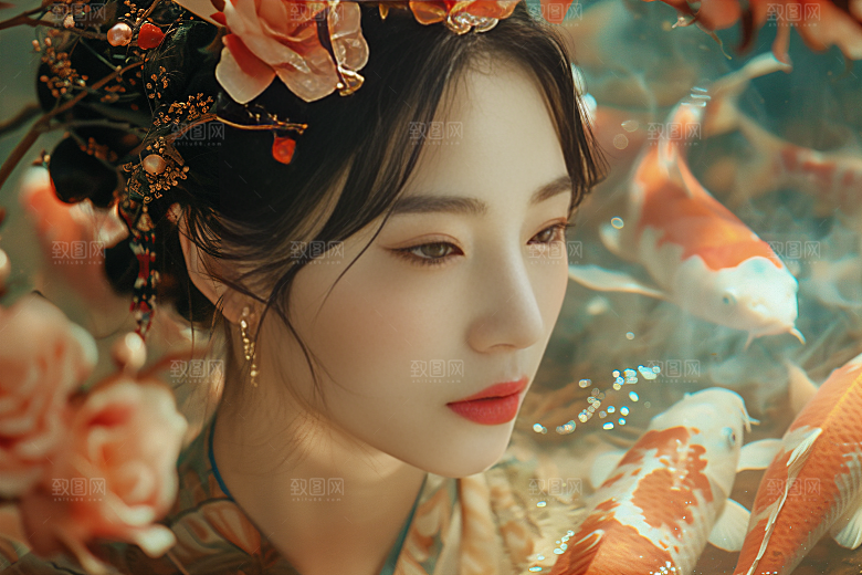锦鲤汉服美女高清金鱼素材