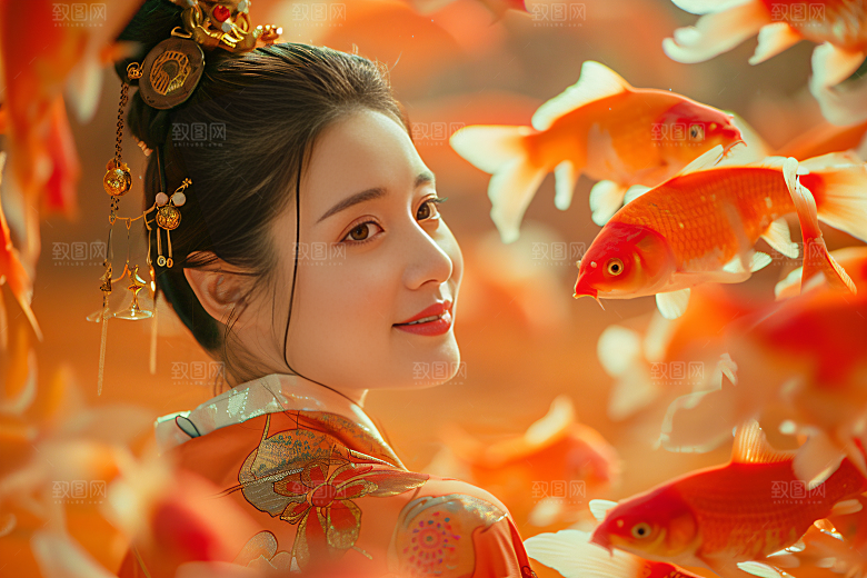 锦鲤汉服美女金鱼唯美素材