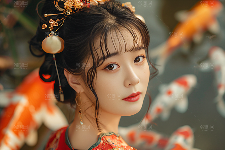 锦鲤汉服美女精致人像素材