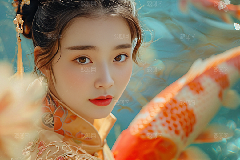 锦鲤汉服美女吉祥中国风素材