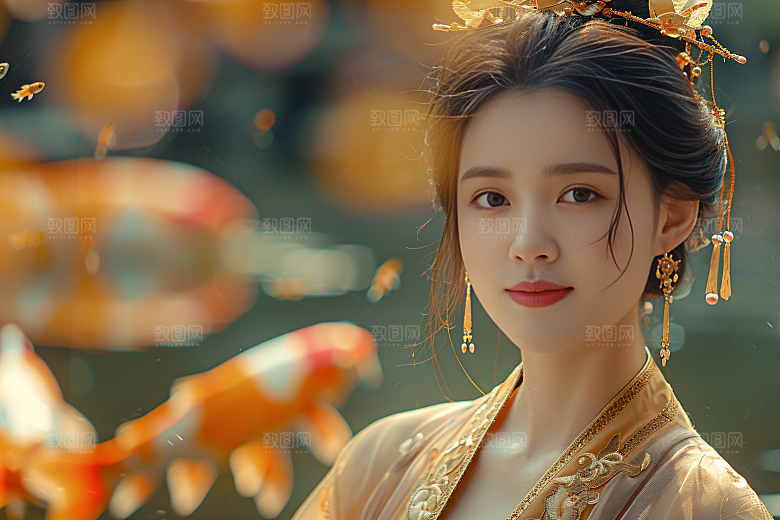 锦鲤汉服美女肖像古风素材