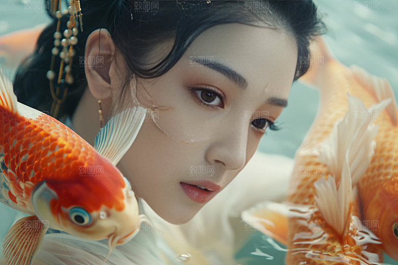 锦鲤汉服美女人像古风素材