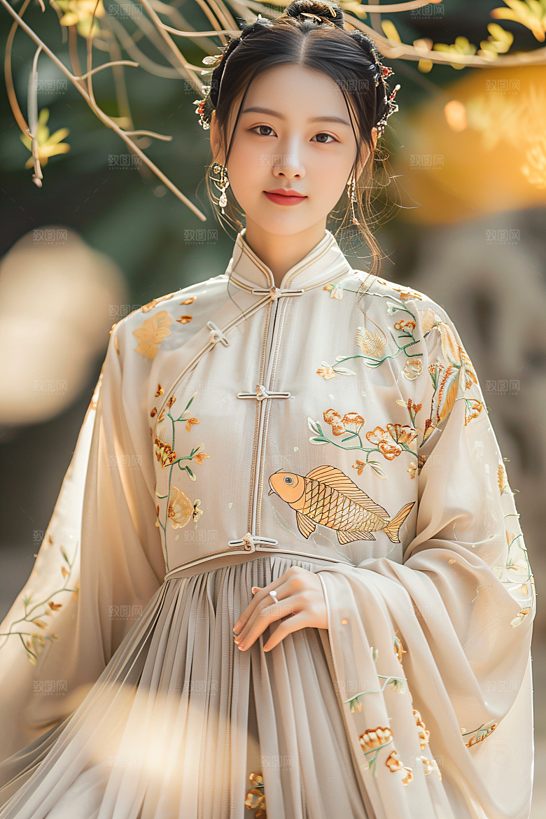 锦鲤汉服美女吉祥唯美素材