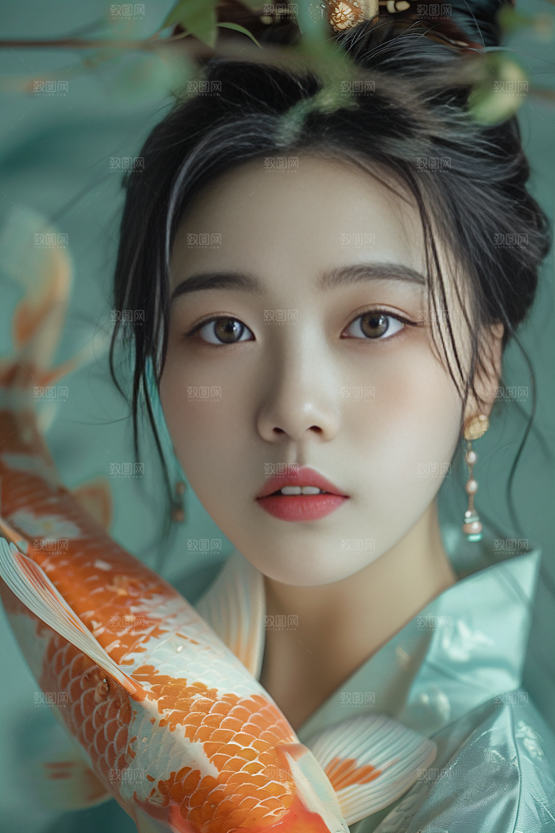 锦鲤汉服美女吉祥中国风素材