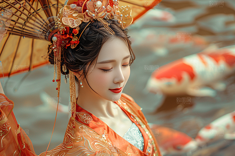 锦鲤汉服美女中国风精致素材