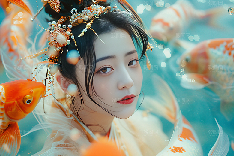 锦鲤汉服美女人像古风素材