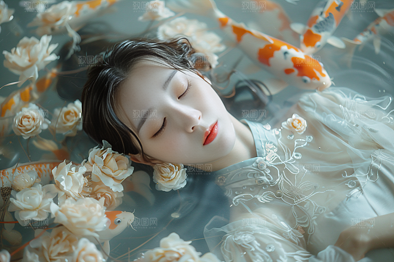 锦鲤汉服美女古风精致素材