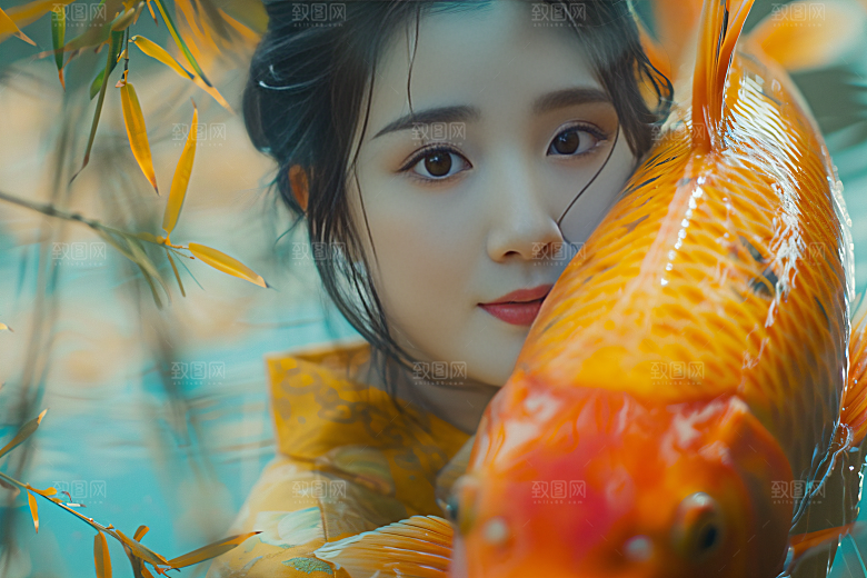 锦鲤汉服美女高清肖像素材