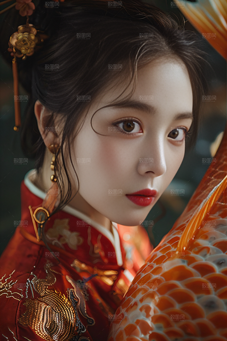 锦鲤汉服美女优雅吉祥素材