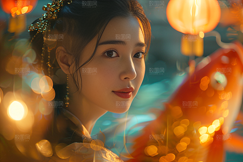 锦鲤汉服美女金鱼古风素材