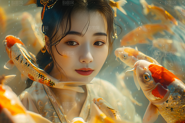锦鲤汉服美女中国风古风素材