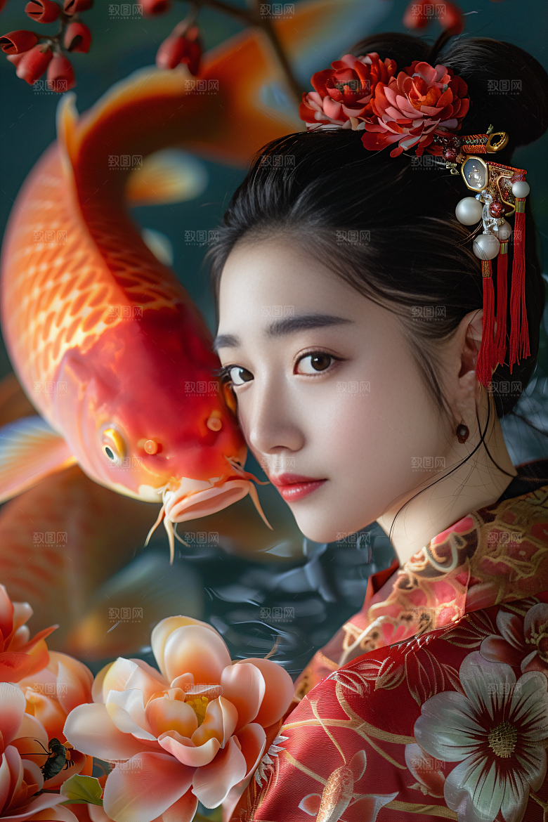 锦鲤汉服美女古风金鱼素材