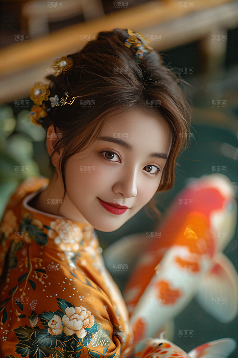 锦鲤汉服美女吉祥肖像素材