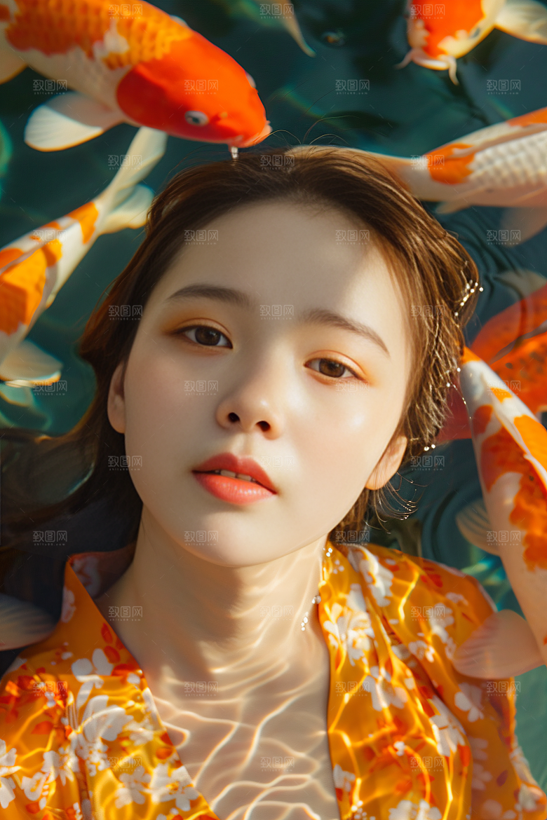 锦鲤汉服美女古风肖像素材