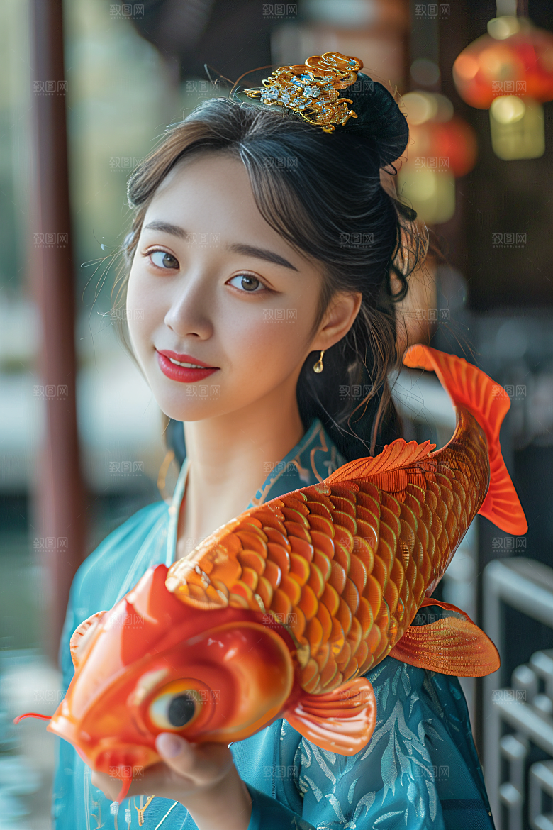 锦鲤汉服美女吉祥肖像素材