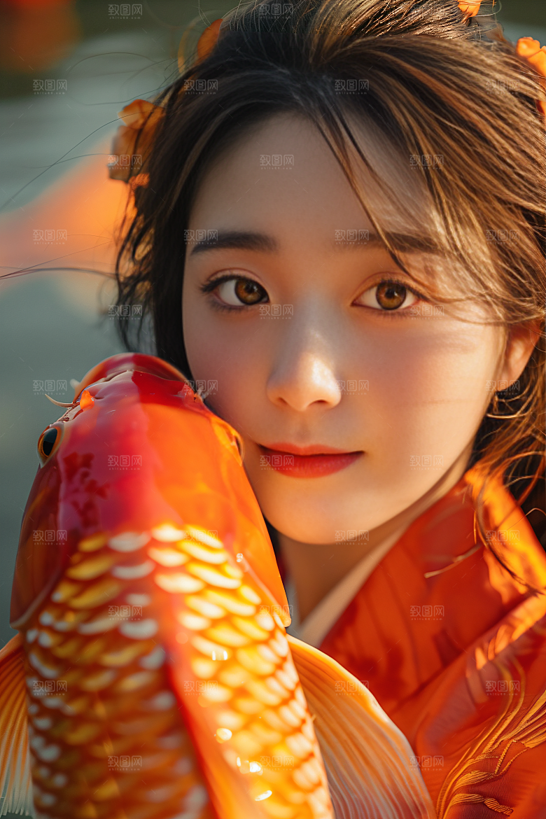 锦鲤汉服美女优雅中国风素材