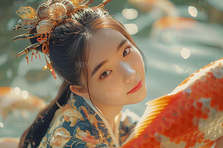 锦鲤汉服美女中国风肖像素材