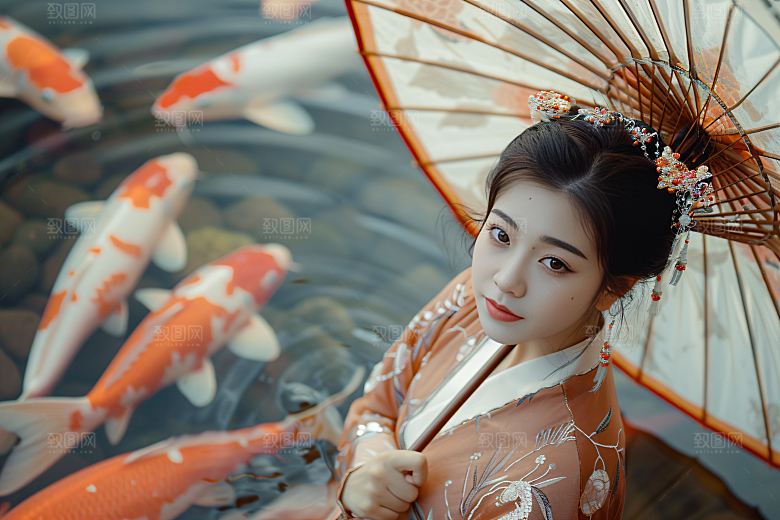 锦鲤汉服美女古风金鱼素材