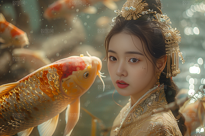 锦鲤汉服美女精致吉祥素材