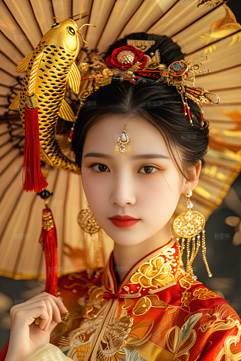 锦鲤汉服美女传统唯美素材