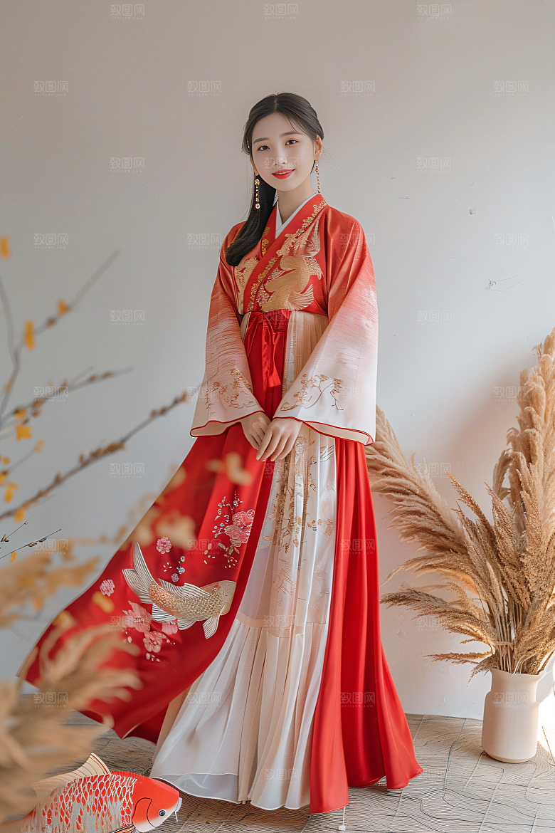 锦鲤汉服美女肖像唯美素材