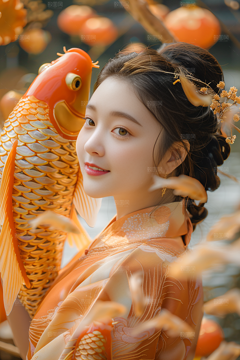 锦鲤汉服美女古风精致素材
