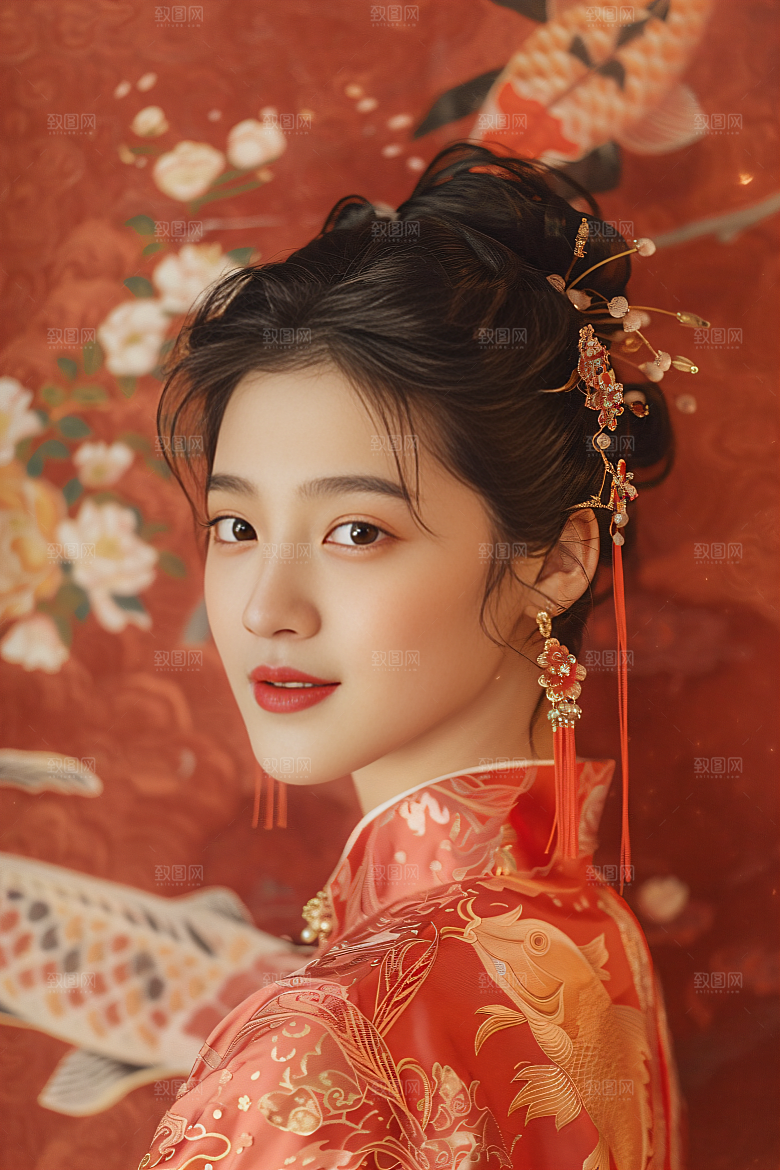 锦鲤汉服美女古风人像素材