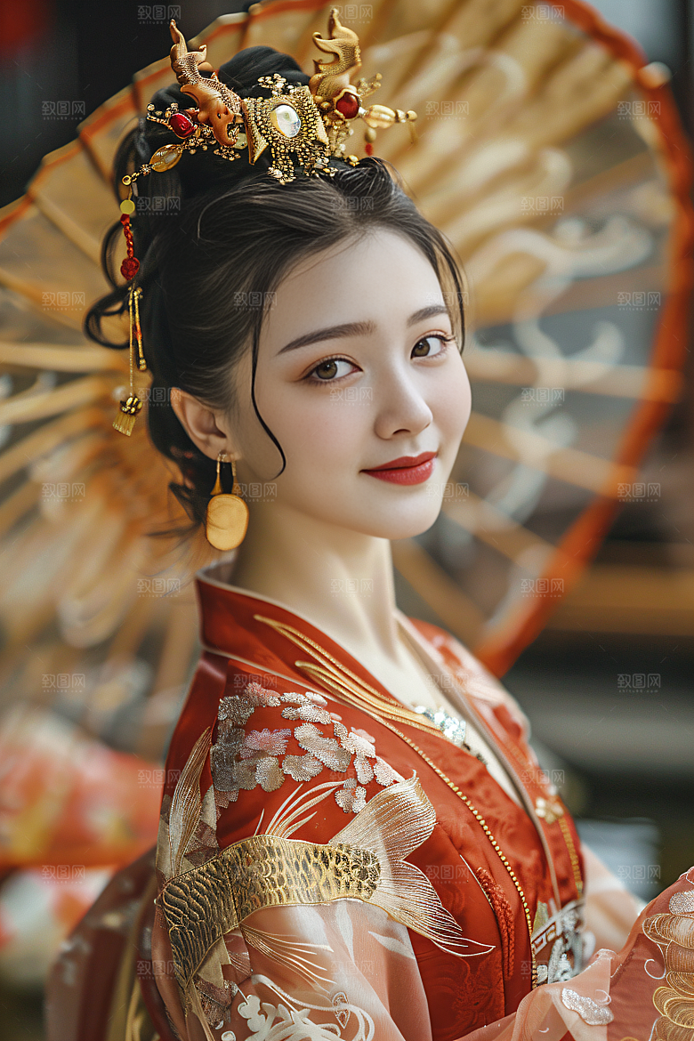 锦鲤汉服美女吉祥优雅素材