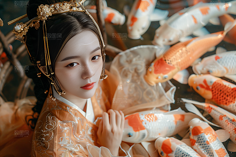 锦鲤汉服美女吉祥古风素材