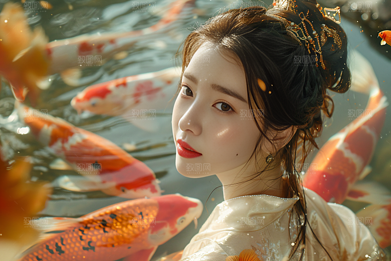 锦鲤汉服美女肖像古风素材