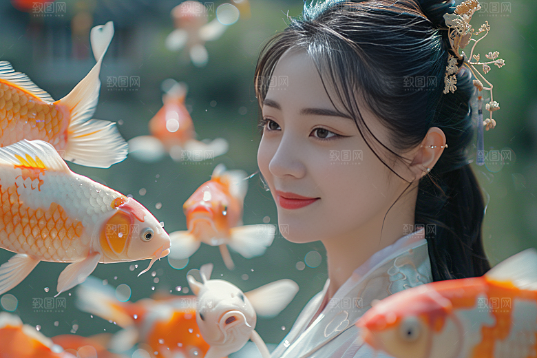 锦鲤汉服美女肖像吉祥素材