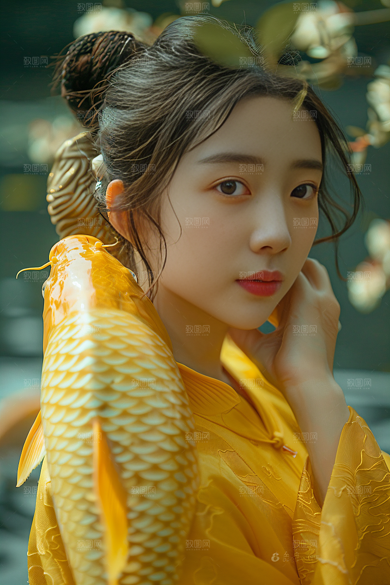 锦鲤汉服美女吉祥高清素材