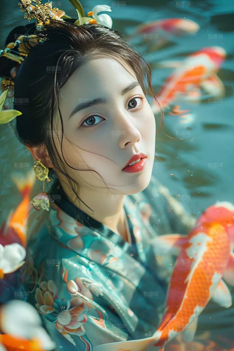锦鲤汉服美女精致古风素材