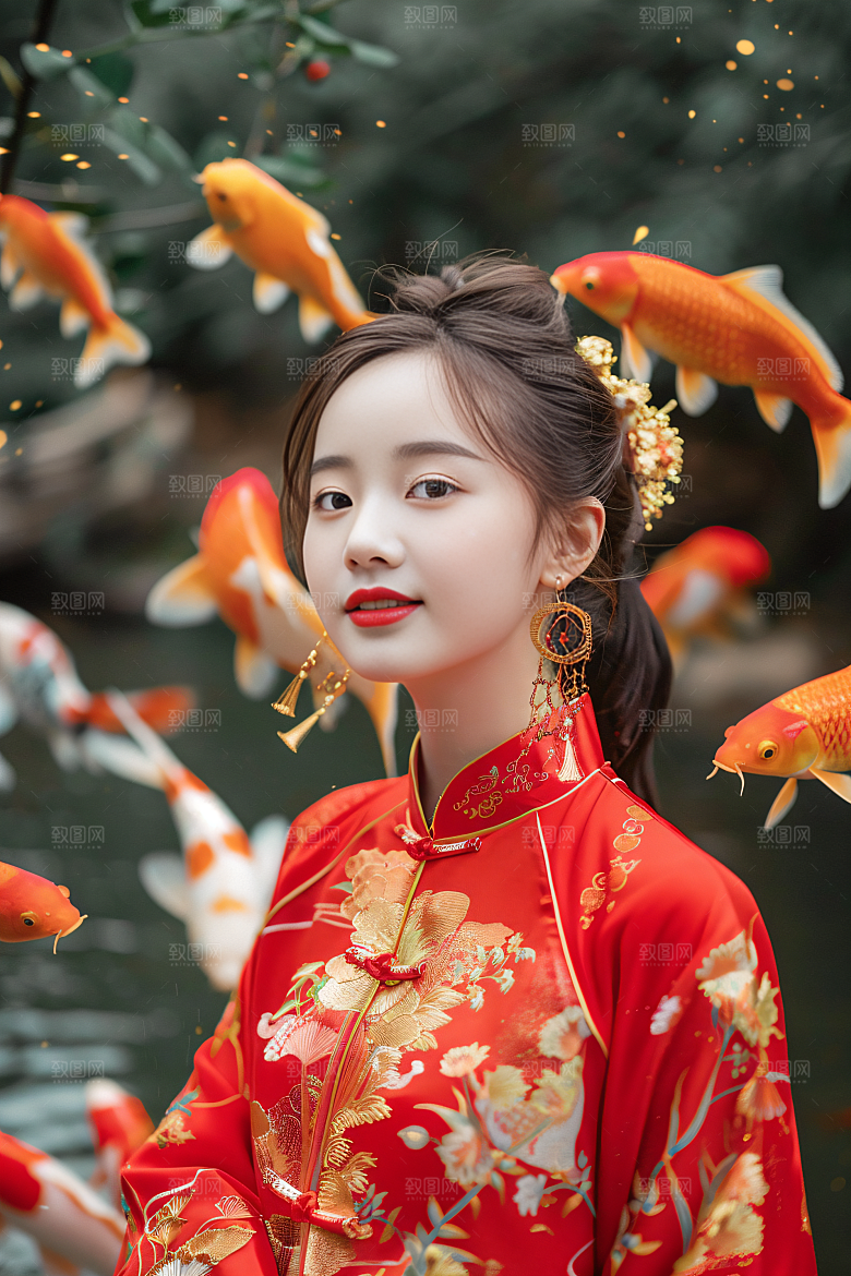 锦鲤汉服美女中国风吉祥素材