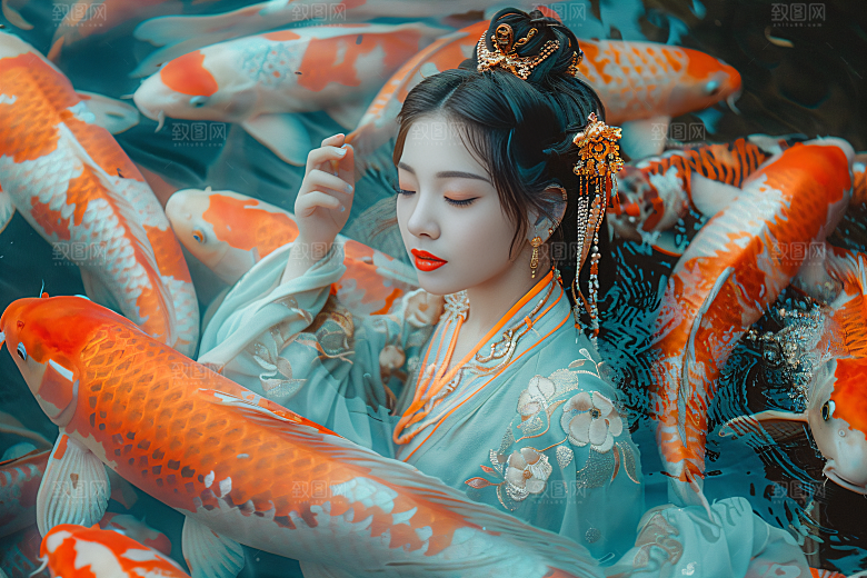 锦鲤汉服美女人像优雅素材