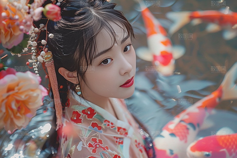 锦鲤汉服美女传统肖像素材